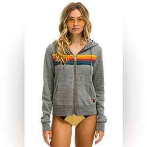Aviator Nation Gray Zip Hoodie with Yellow, Orange & Blue Stripes